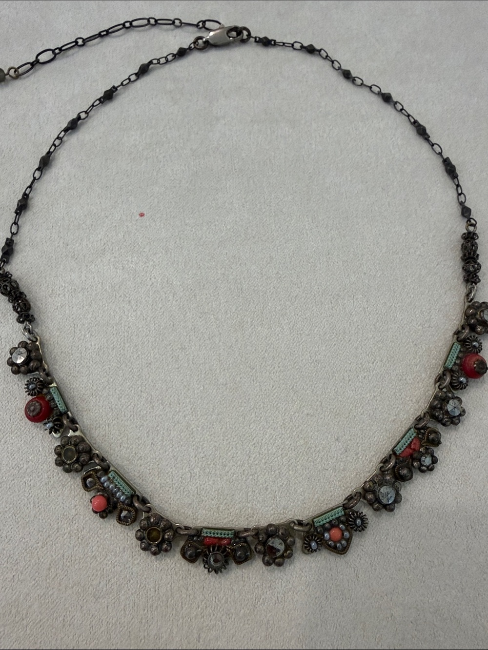 Ayala Bar Delicate Floral Necklace in Antique Silver, Coral & Turquoise Beads